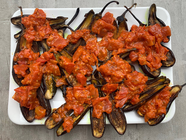 Grilled baby aubergines with tomato chutney